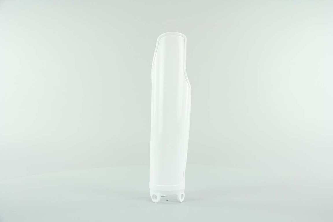 Right Side UFO White Shape with dimple Lower Fork Guards replacement plastics for 95-01 Honda CR125, CR250, CR500 dirt bikes.