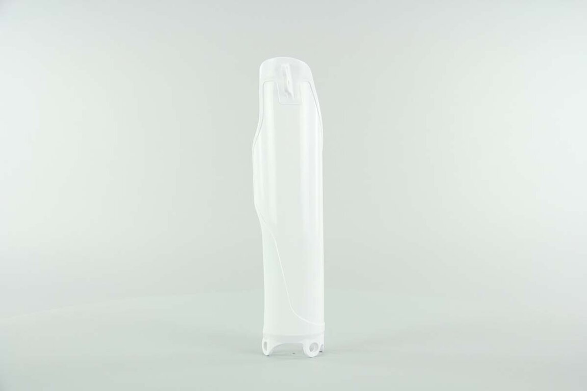 Left Side UFO White Shape w/ dimple Lower Fork Guards replacement plastics for 95-01 Honda CR125, CR250, CR500 dirt bikes.