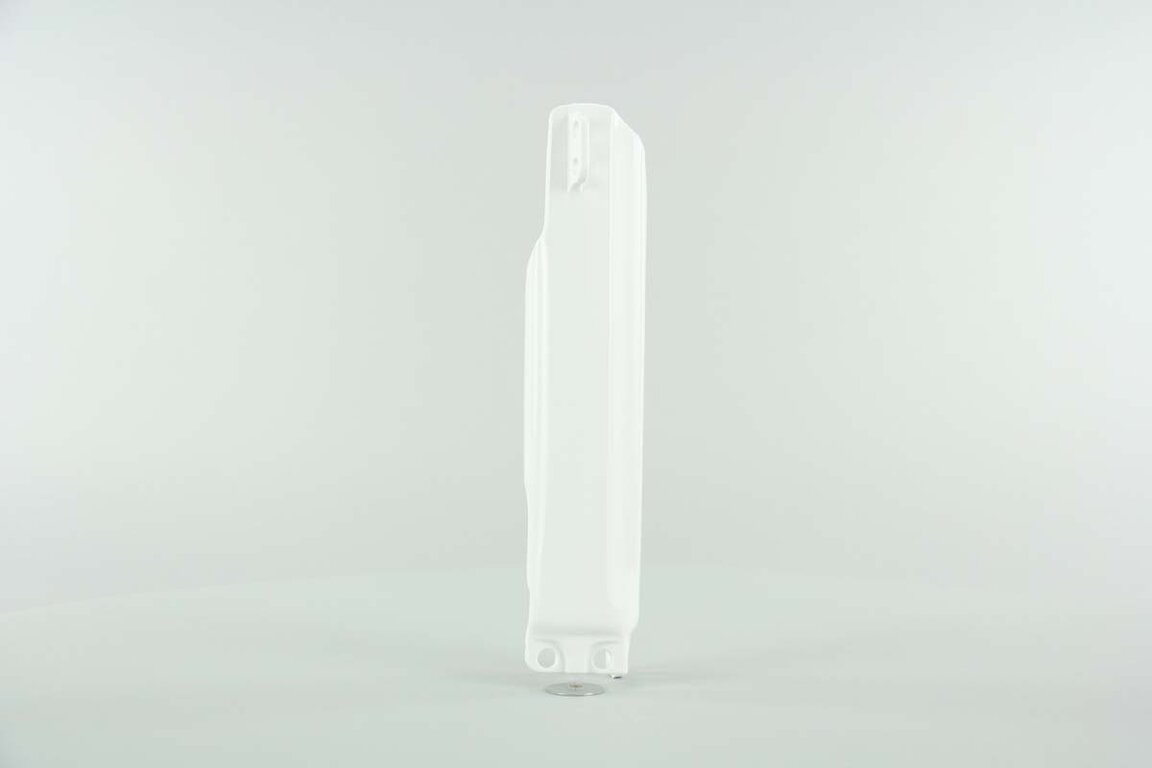 Left Side Polisport White Lower Fork Guards replacement plastics for 03-26 Honda CR85, CRF150 dirt bikes.