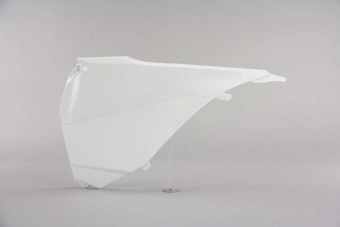 Left Side UFO White Airbox Covers replacement plastics for 14-16 KTM EXC, EXCF, XCF, XCW dirt bikes.