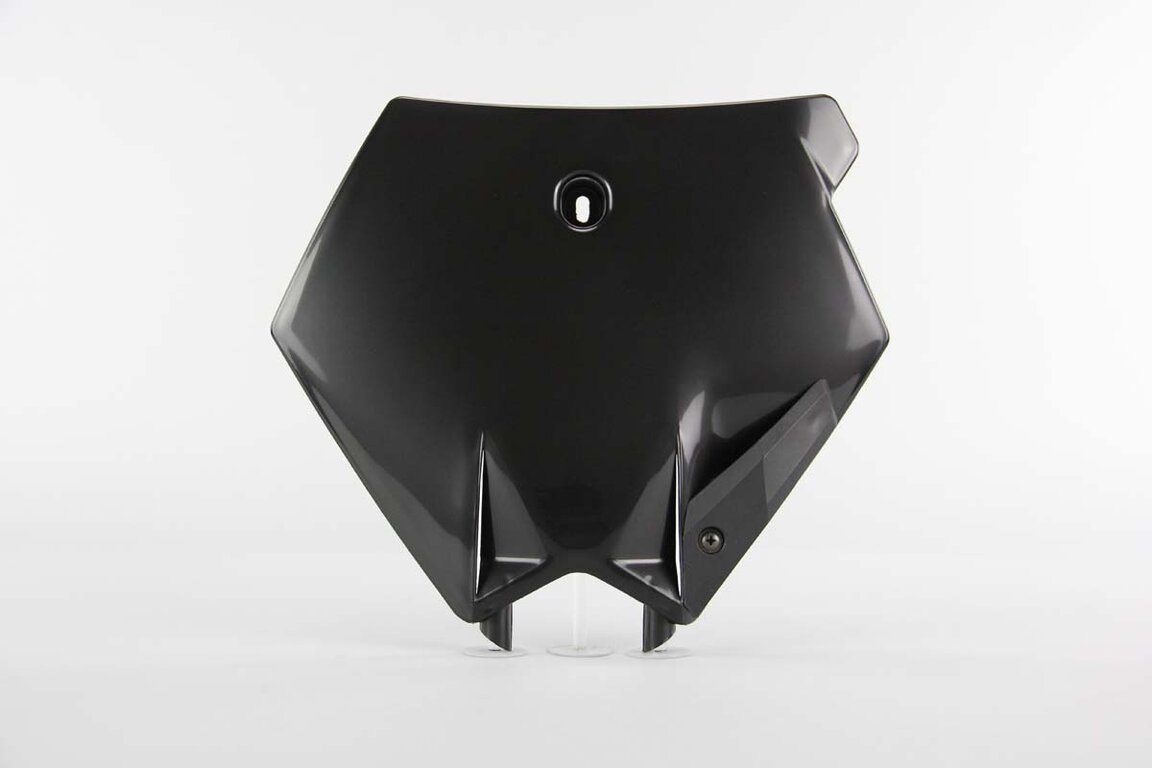 UFO Black Front Number Plate replacement plastics for 99-08 KTM EXC, MXC, SMR, SX, SXF, XC, XCF, XCG, XCW dirt bikes 360 view
