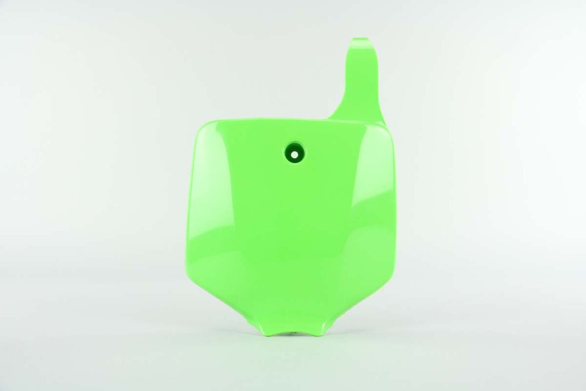 UFO Green Front Number Plate replacement plastics for 00-26 Kawasaki, Suzuki KLX110, KX65, RM65 dirt bikes 360 view