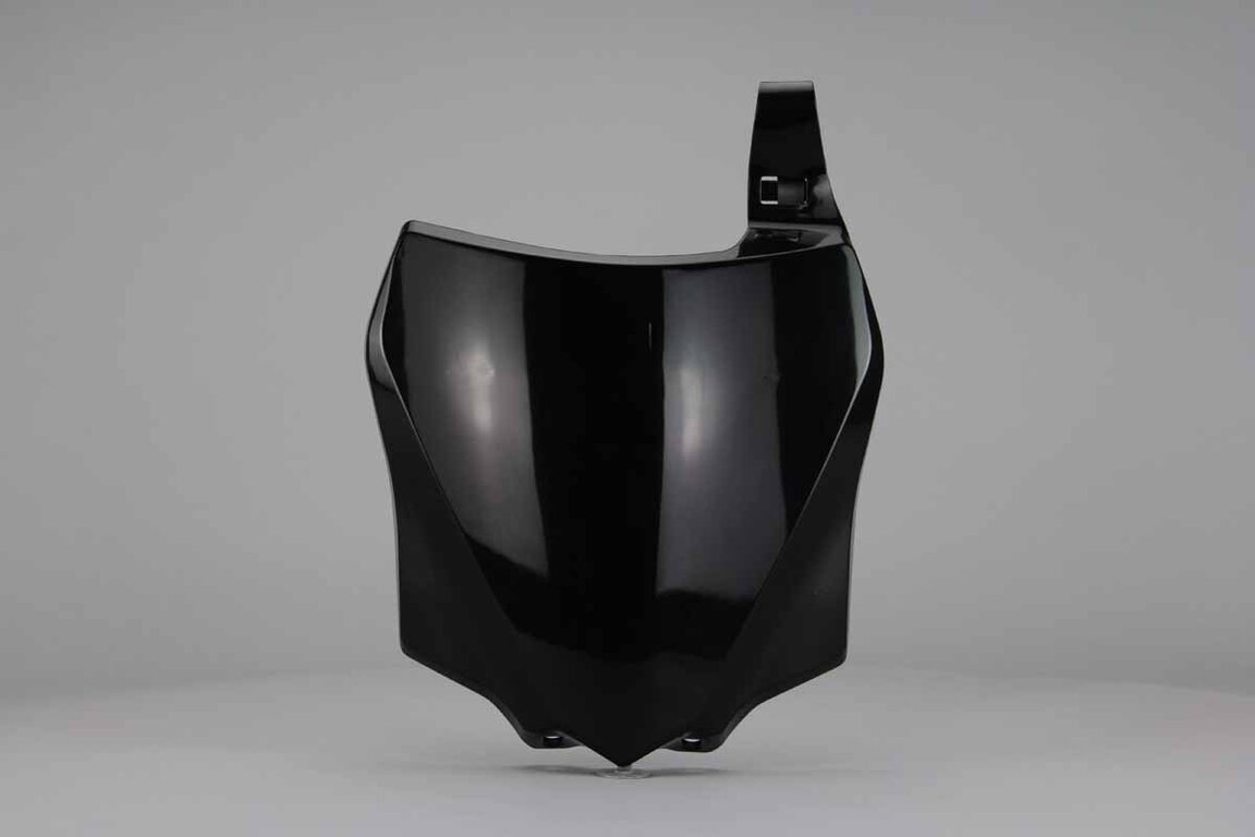 UFO Black Front Number Plate replacement plastics for 14-26 Kawasaki KX100, KX112, KX85 dirt bikes 360 view