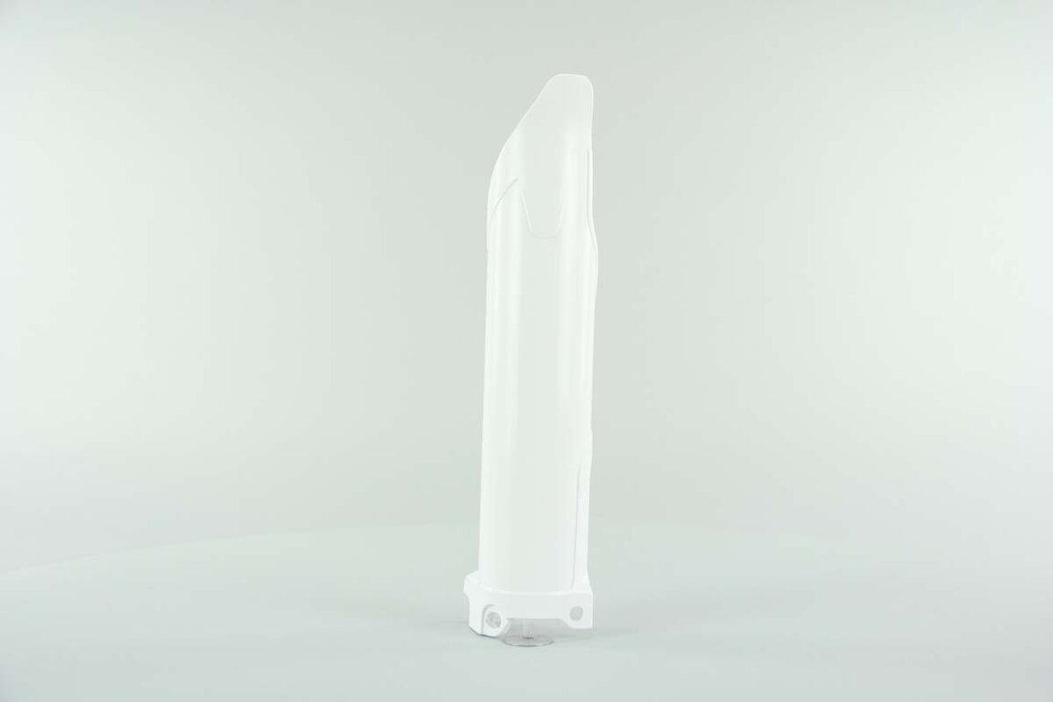Right Side Polisport White Lower Fork Guards replacement plastics for 09-26 Kawasaki KLX, KX250F, KX450F dirt bikes.