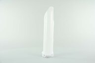 Right Side Polisport White Lower Fork Guards replacement plastics for 09-26 Kawasaki KLX, KX250F, KX450F dirt bikes.