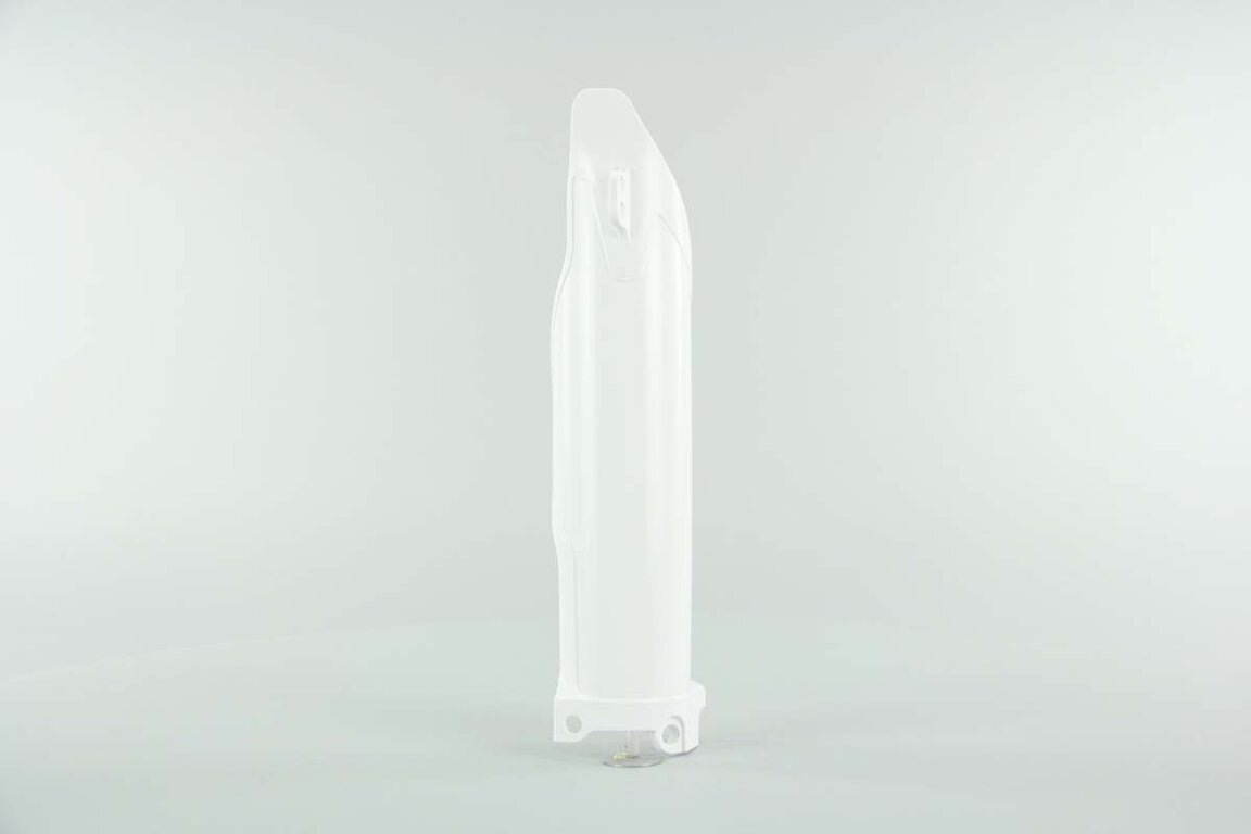 Left Side Polisport White Lower Fork Guards replacement plastics for 09-26 Kawasaki KLX, KX250F, KX450F dirt bikes.