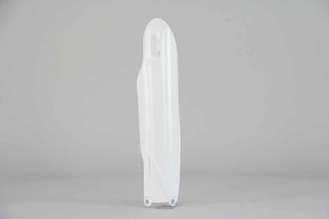 Left Side Polisport White Lower Fork Guards replacement plastics for 10-27 Yamaha YZ125, YZ250, YZ250F, YZ250FX, YZ450F, YZ450FX dirt bikes.