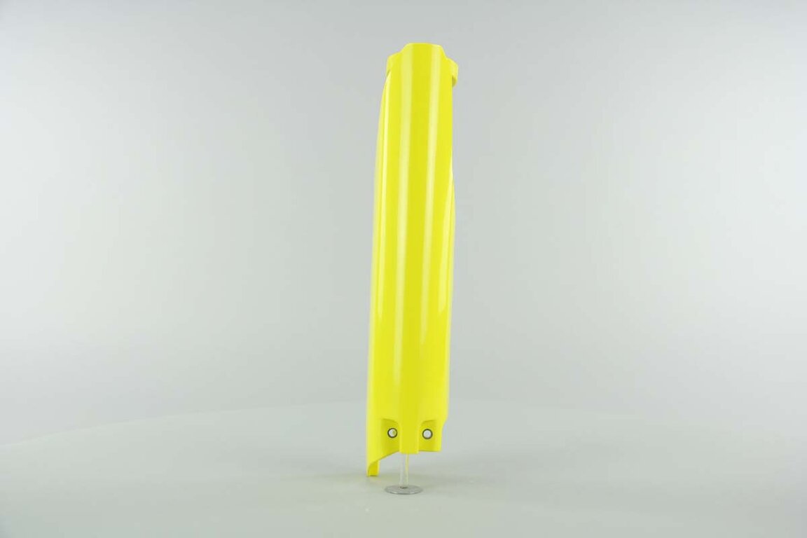 Right Side UFO Yellow Lower Fork Guards replacement plastics for 04-06 Suzuki RM125, RM250 dirt bikes.