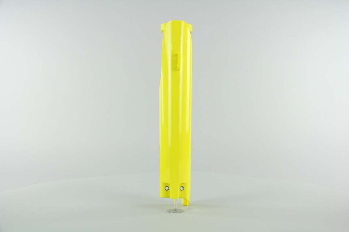 Left Side UFO Yellow Lower Fork Guards replacement plastics for 04-06 Suzuki RM125, RM250 dirt bikes.