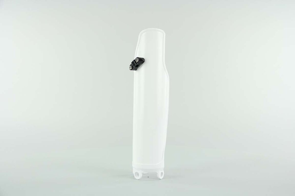 Right Side Polisport White with Billet Speedo Holder Lower Fork Guards replacement plastics for 04-17 Honda CRF250, CRF450 dirt bikes.