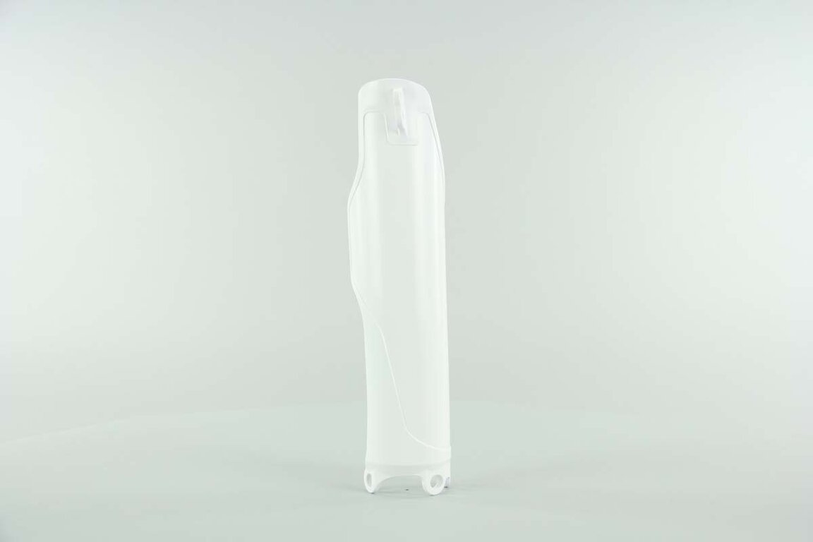 Left Side Polisport White with Billet Speedo Holder Lower Fork Guards replacement plastics for 04-17 Honda CRF250, CRF450 dirt bikes.