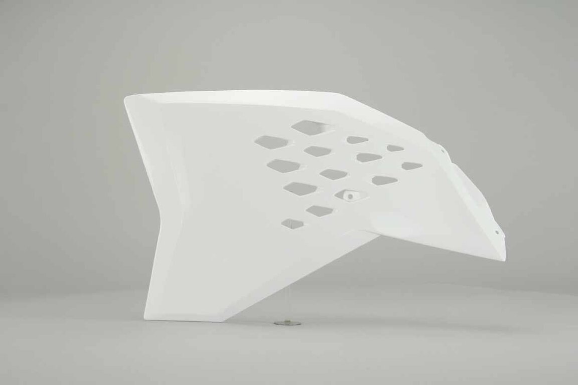 Left Side Polisport White Radiator Shroud Set replacement plastics for 07-11 KTM EXC, EXCF, SX, SXF, XC, XCF, XCW dirt bikes.