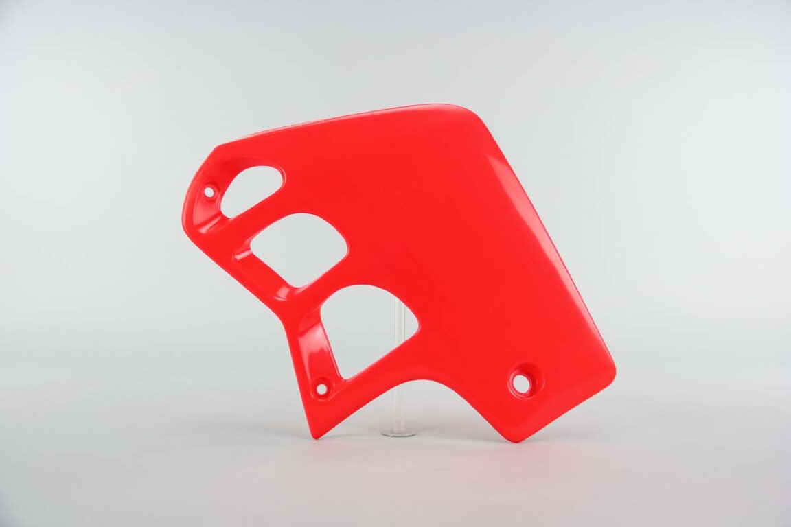 Right Side UFO Flo Tint Red 067 Radiator Shroud Set replacement plastics for 89-01 Honda CR500 dirt bikes.