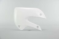 Left Side UFO White Radiator Shroud Set replacement plastics for 00-26 Kawasaki, Suzuki KLX110, KX65, RM65 dirt bikes.
