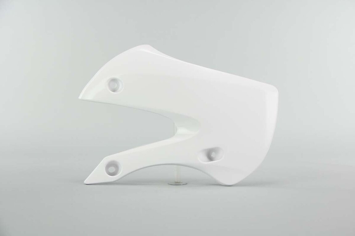 Right Side UFO White Radiator Shroud Set replacement plastics for 00-26 Kawasaki, Suzuki KLX110, KX65, RM65 dirt bikes.