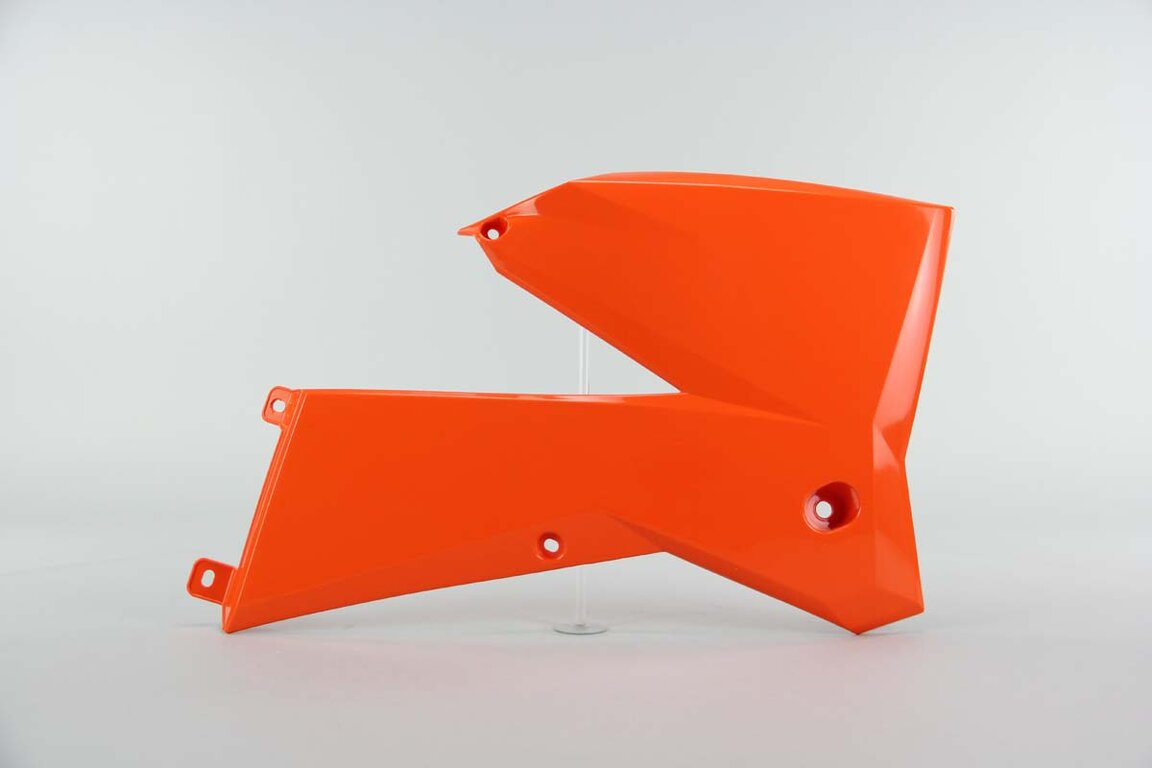 Right Side UFO Orange Radiator Shroud Set replacement plastics for 01-04 KTM EXC, MXC, SX dirt bikes.