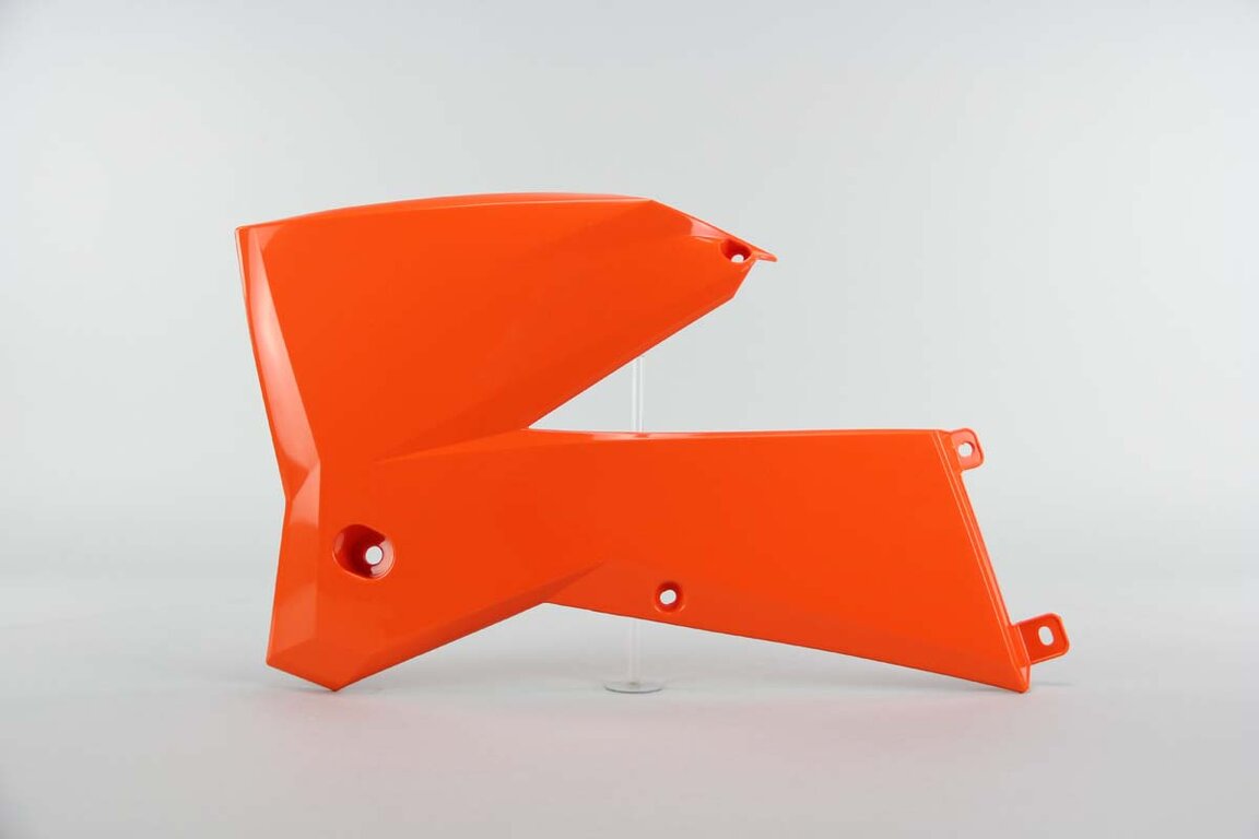 Left Side UFO Orange Radiator Shroud Set replacement plastics for 01-04 KTM EXC, MXC, SX dirt bikes.