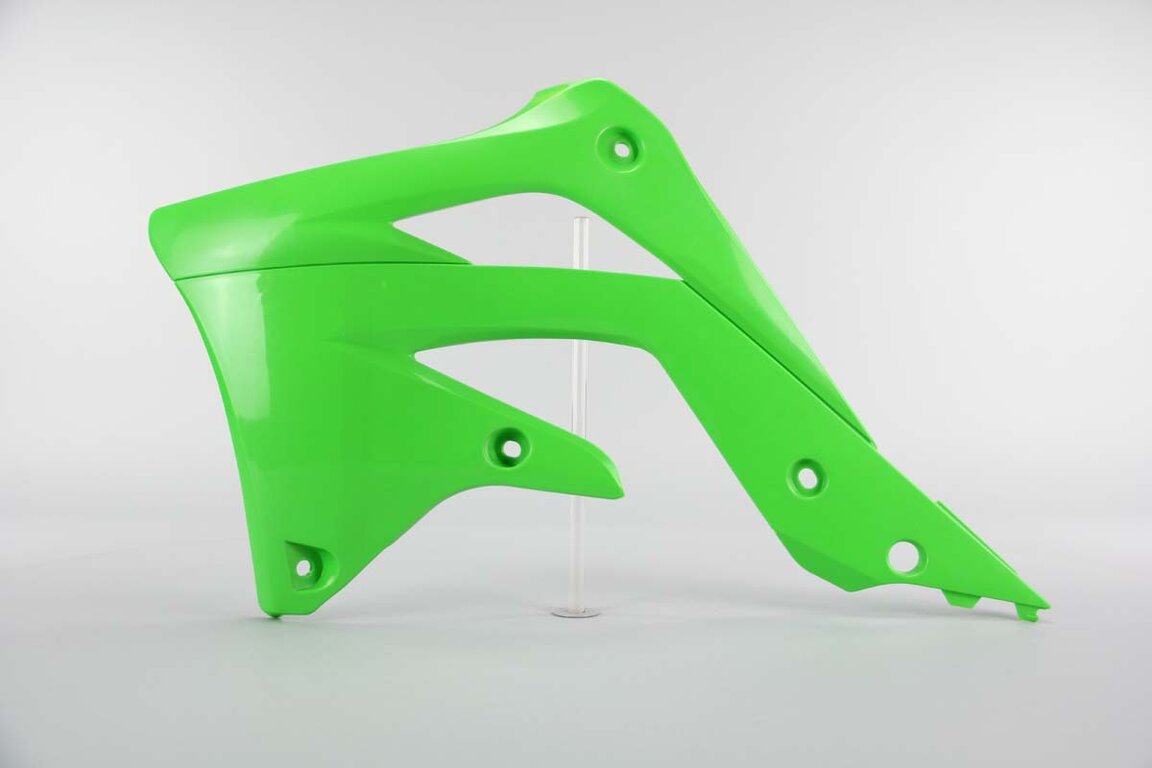 Left Side UFO Green Radiator Shroud Set replacement plastics for 12-15 Kawasaki KX450F dirt bikes.
