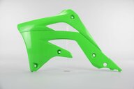 Left Side UFO Green Radiator Shroud Set replacement plastics for 12-15 Kawasaki KX450F dirt bikes.