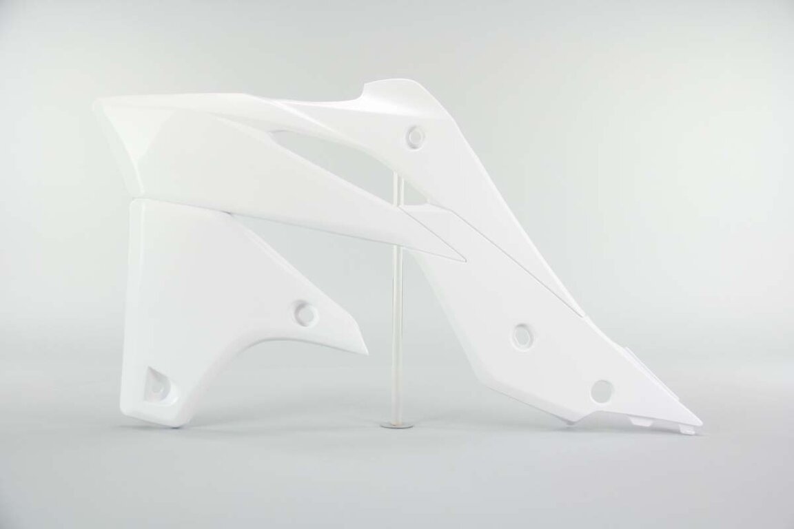 Left Side UFO White Radiator Shroud Set replacement plastics for 13-16 Kawasaki KX250F dirt bikes.