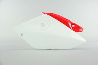 Left Side UFO White / Red Side Number Plates replacement plastics for 04-17 Honda CRF250 dirt bikes.