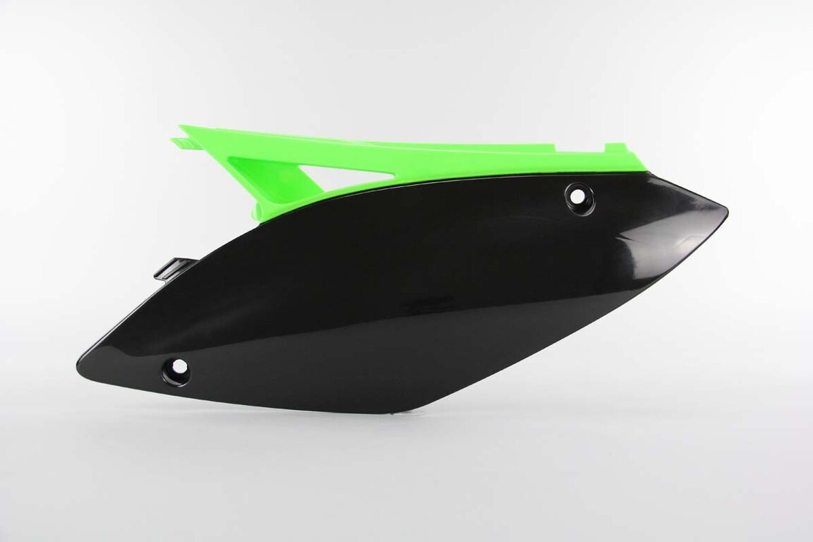 Left Side UFO Black / Green Side Number Plates replacement plastics for 09-12 Kawasaki KX250F, KX450F dirt bikes.