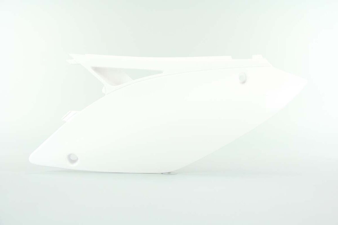 Left Side UFO White Side Number Plates replacement plastics for 09-12 Kawasaki KX250F, KX450F dirt bikes.