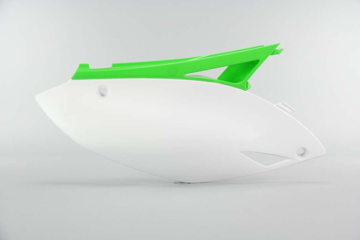 Right Side UFO White / Green Side Number Plates replacement plastics for 09-12 Kawasaki KX250F, KX450F dirt bikes.