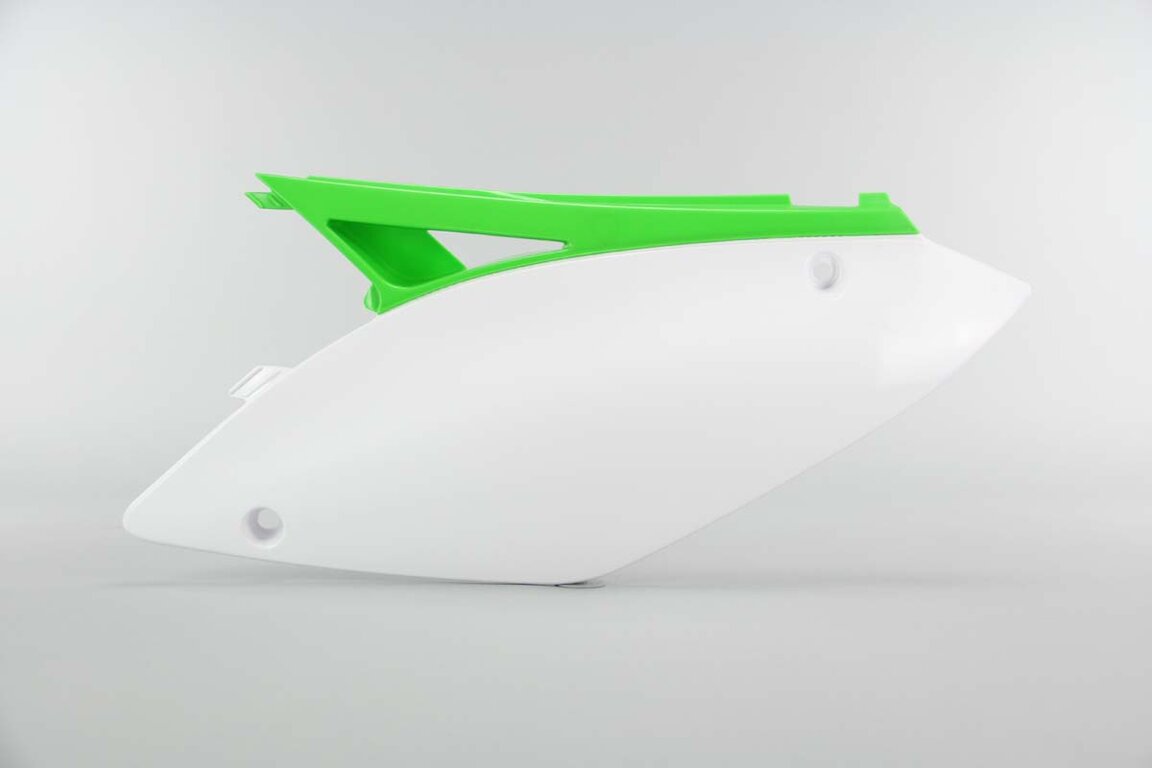 Left Side UFO White / Green Side Number Plates replacement plastics for 09-12 Kawasaki KX250F, KX450F dirt bikes.