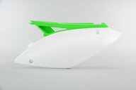 Left Side UFO White / Green Side Number Plates replacement plastics for 09-12 Kawasaki KX250F, KX450F dirt bikes.
