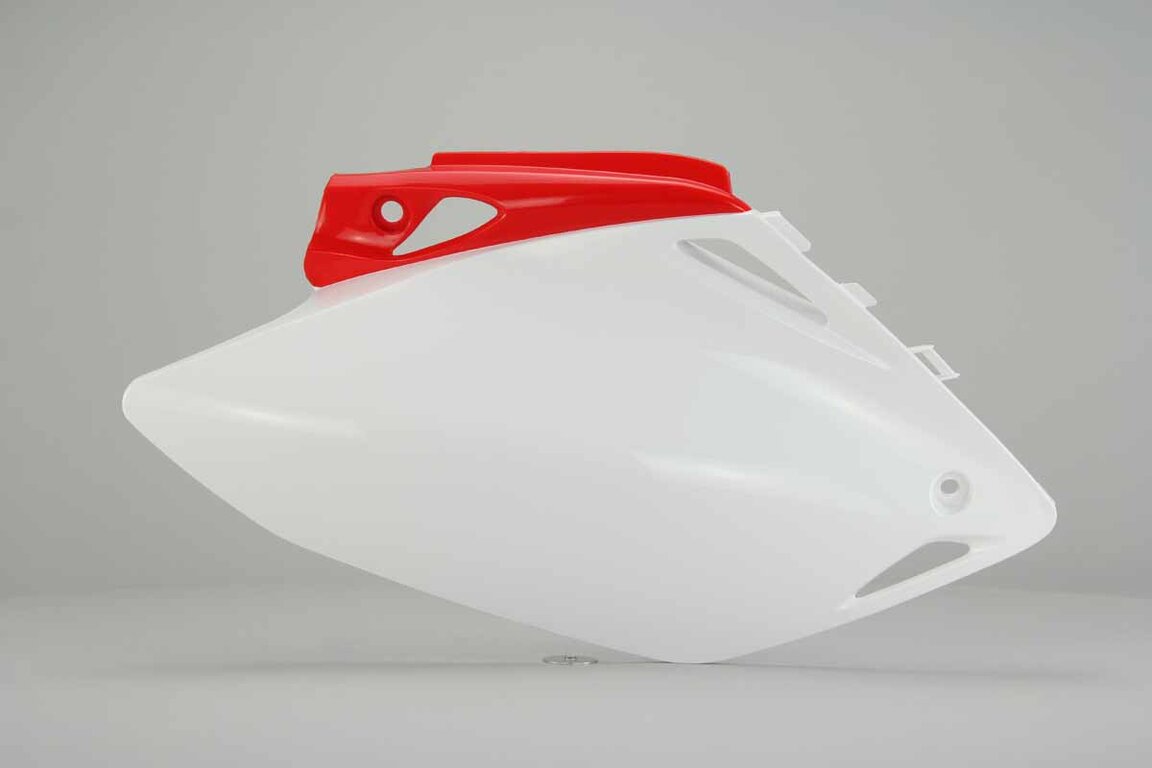Right Side UFO White / Red Side Number Plates replacement plastics for 07-08 Honda CRF450 dirt bikes.