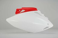 Right Side UFO White / Red Side Number Plates replacement plastics for 07-08 Honda CRF450 dirt bikes.