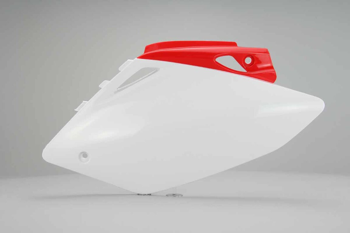 Left Side UFO White / Red Side Number Plates replacement plastics for 07-08 Honda CRF450 dirt bikes.