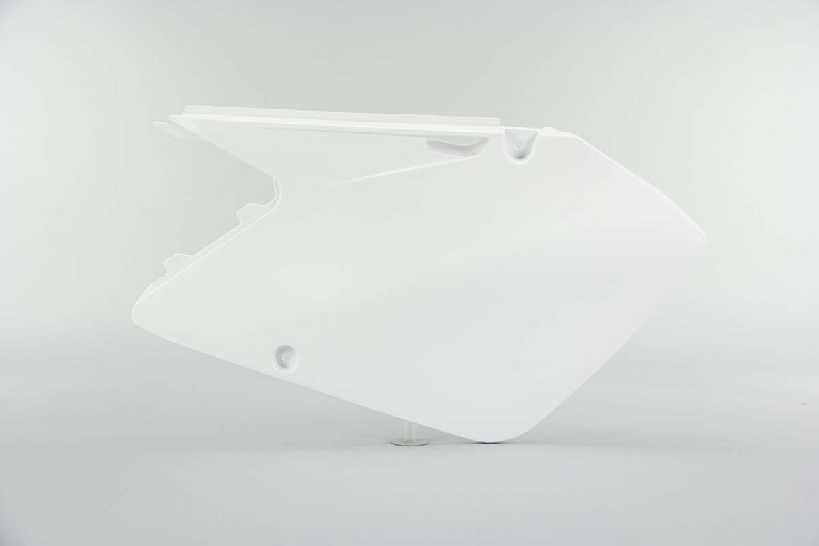 Left Side UFO White Side Number Plates replacement plastics for 01-08 Suzuki RM125, RM250 dirt bikes.
