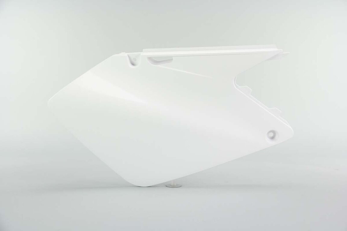 Right Side UFO White Side Number Plates replacement plastics for 01-08 Suzuki RM125, RM250 dirt bikes.