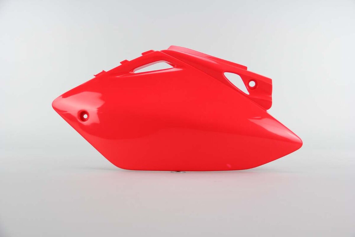Left Side UFO Red Side Number Plates replacement plastics for 05-06 Honda CRF450 dirt bikes.