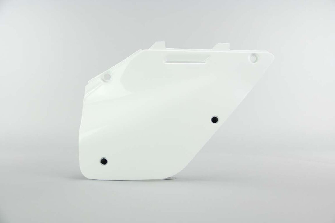 Right Side Polisport White Side Number Plates replacement plastics for 96-00 Suzuki RM125, RM250 dirt bikes.