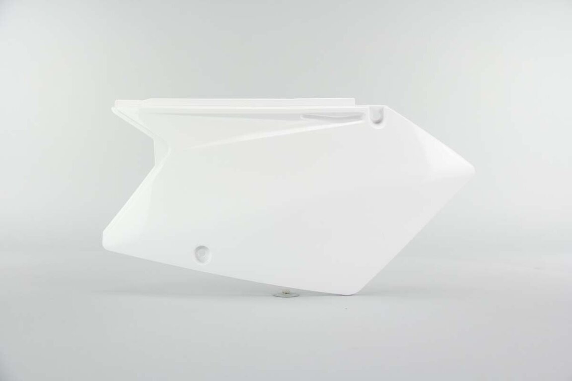 Left Side Polisport White Side Number Plates replacement plastics for 05-06 Suzuki RMZ450 dirt bikes.