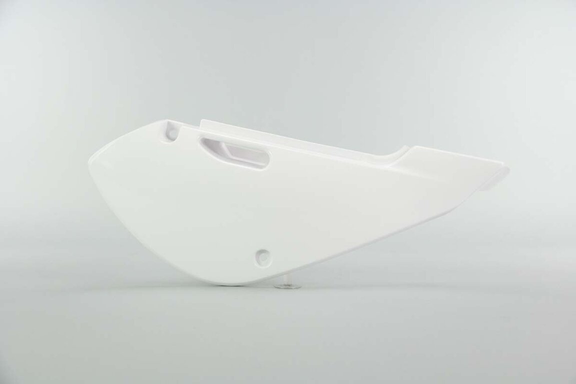 Right Side Polisport White Side Number Plates replacement plastics for 00-26 Kawasaki, Suzuki KLX110, KX65, RM65 dirt bikes.