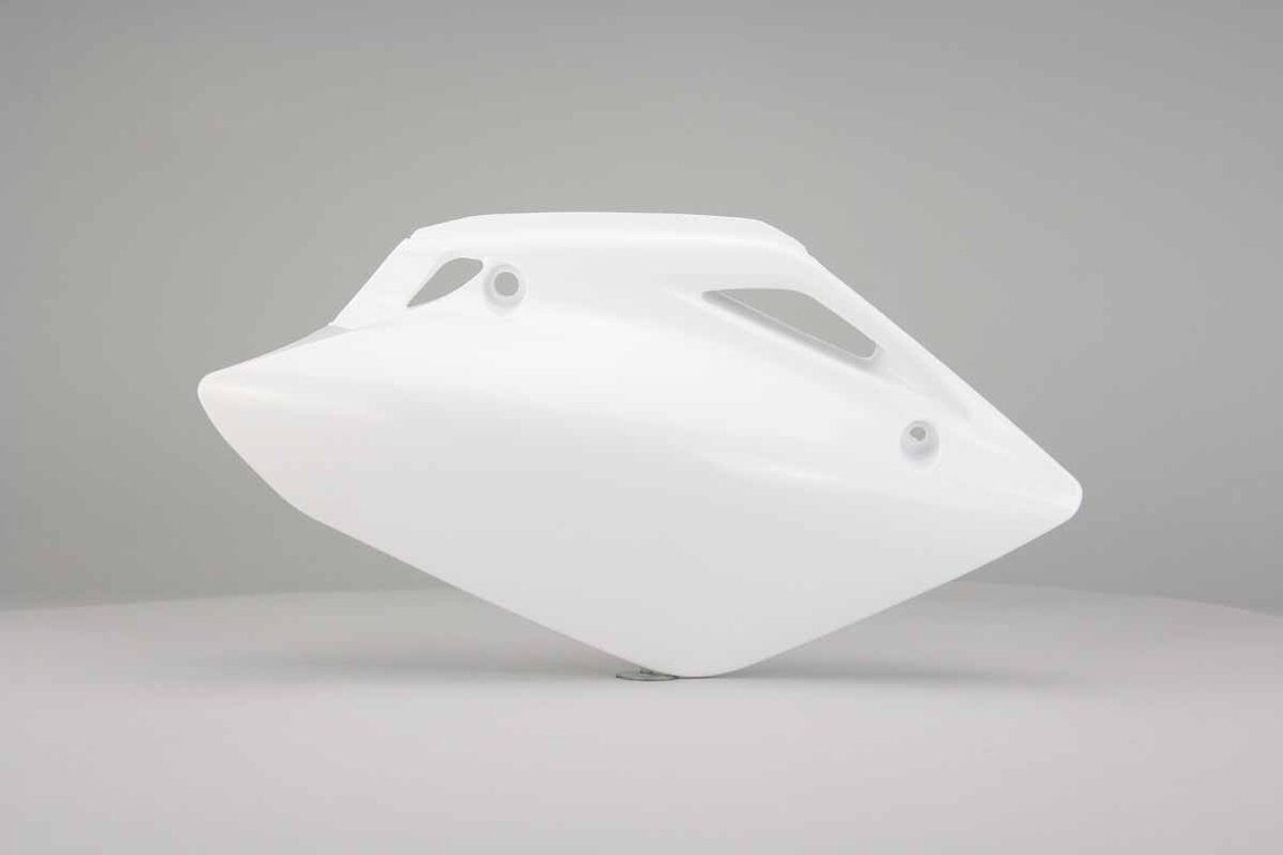 Right Side Polisport White Side Number Plates replacement plastics for 07-26 Honda CRF150 dirt bikes.