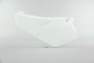 Left Side UFO White Restyled Side Number Plates replacement plastics for 86-99 Suzuki RM80 dirt bikes.