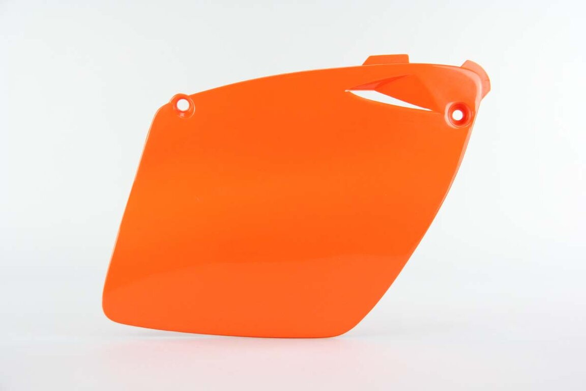 Right Side UFO Orange Side Number Plates replacement plastics for 98-04 KTM EXC, MXC, SX dirt bikes.