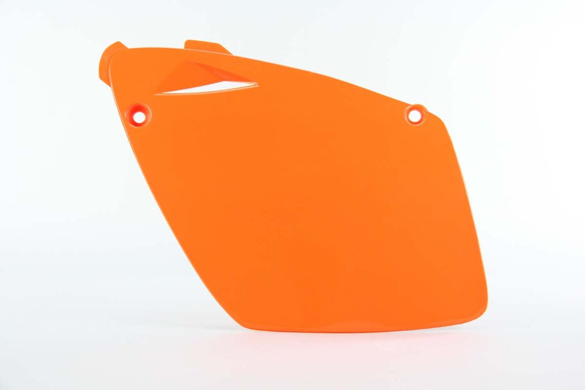 Left Side UFO Orange Side Number Plates replacement plastics for 98-04 KTM EXC, MXC, SX dirt bikes.