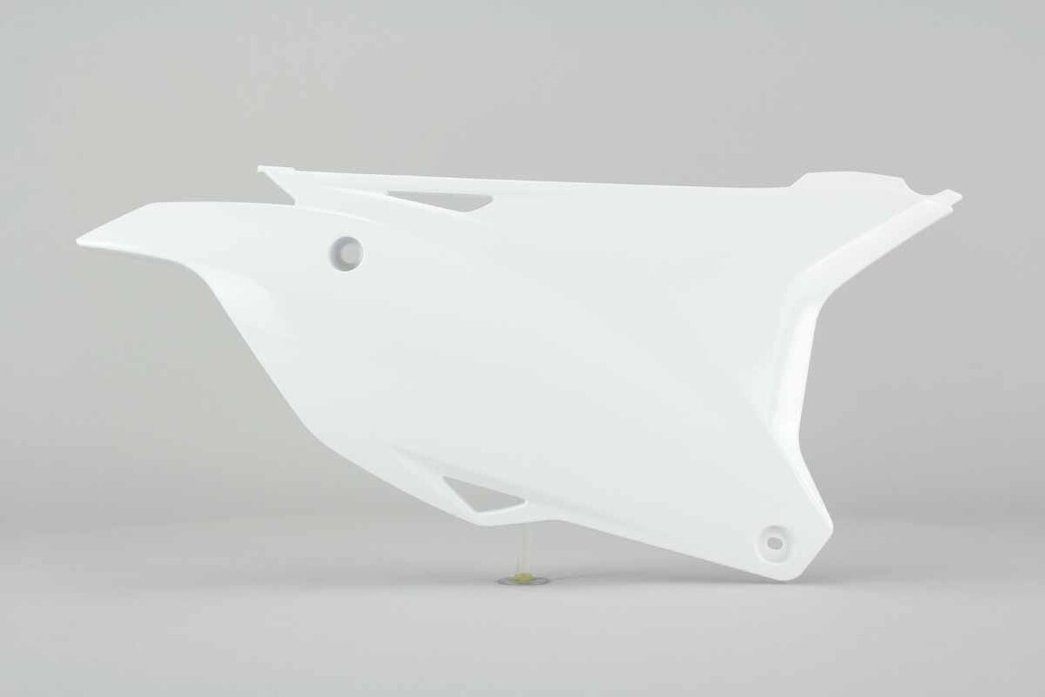 Right Side Polisport White Side Number Plates replacement plastics for 14-26 Kawasaki KX100, KX112, KX85 dirt bikes.