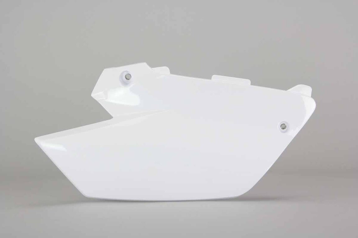 Right Side UFO White Restyled Side Number Plates replacement plastics for 02-14 Yamaha YZ125, YZ250 dirt bikes.