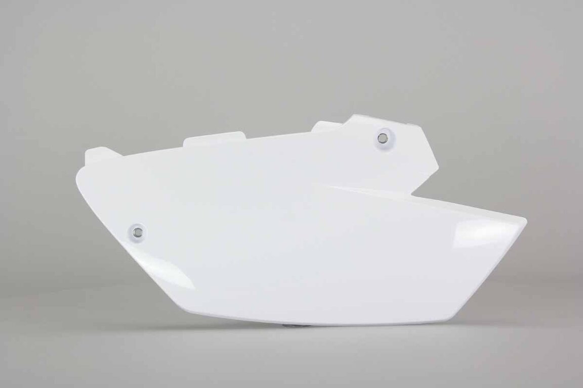 Left Side UFO White Restyled Side Number Plates replacement plastics for 02-14 Yamaha YZ125, YZ250 dirt bikes.