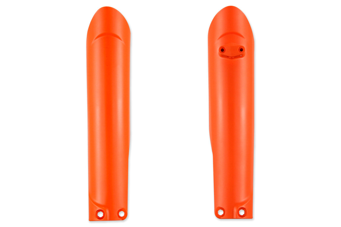 UFO Orange Lower Fork Guards for GasGas: EC250 (2021-2023), EC250F (2021-2023), EC300 (2021-2023), EC350F (2021-2023), EX250 (2023), EX250F (2021-2023), EX300 (2021-2023), EX350F (2021-2023), EX450F (2021-2023), MC 125 (2021-2023), MC 250 (2023), MC250F (2021-2023), MC350...and more