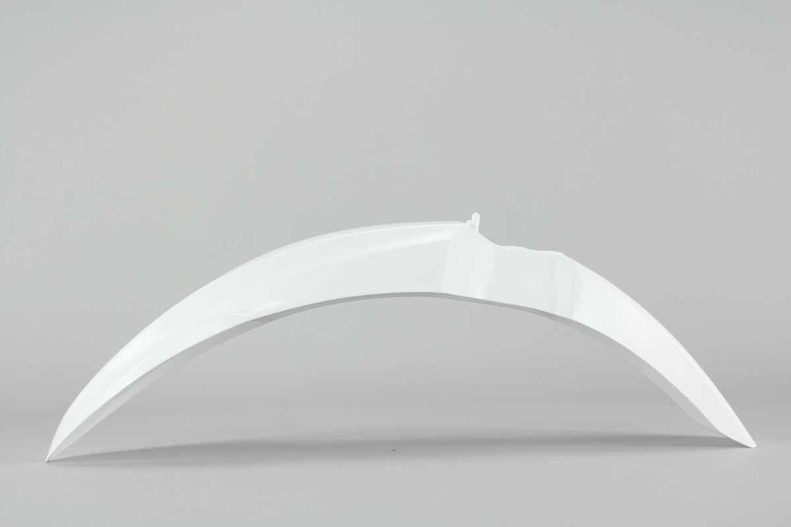 UFO White Front Fender replacement plastics for 14-25 Kawasaki KX100, KX112, KX85 dirt bikes 360 view