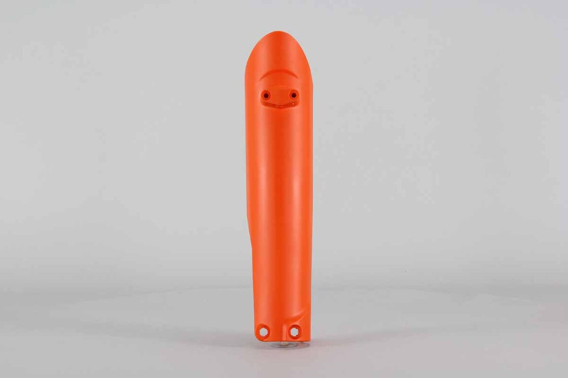 Left Side Polisport Orange Lower Fork Guards replacement plastics for 14-26 GasGas, Husqvarna, KTM, Sherco EC, ECF, EX, EXF, MC, MCF, FC, TC, EXC, EXCF, SMR, SX, SXF, XC, XCF, XCW, SC, SE, SE-R, SCF, SEF, SEF-R dirt bikes.