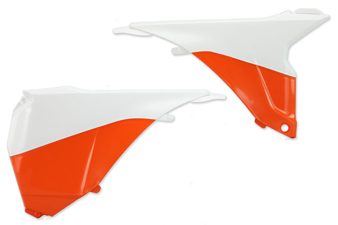 Polisport Orange / White Airbox Covers for KTM: SX125 (2013-2015), SX150 (2013-2015), SX250 (2013-2016), SXF250 (2013-2015), SXF350 (2013-2015), SXF450 (2013-2015), SXF450FE (2012-2014), XC150 (2013-2014), XC250 (2013-2016), XC300 (2013-2016), XCF250 (2013-2014), XCF350 (2013-2014)...and more